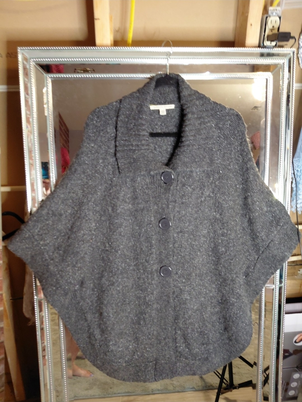 Carolyn Taylor Dark Gray Shawl-Collar Button Poncho